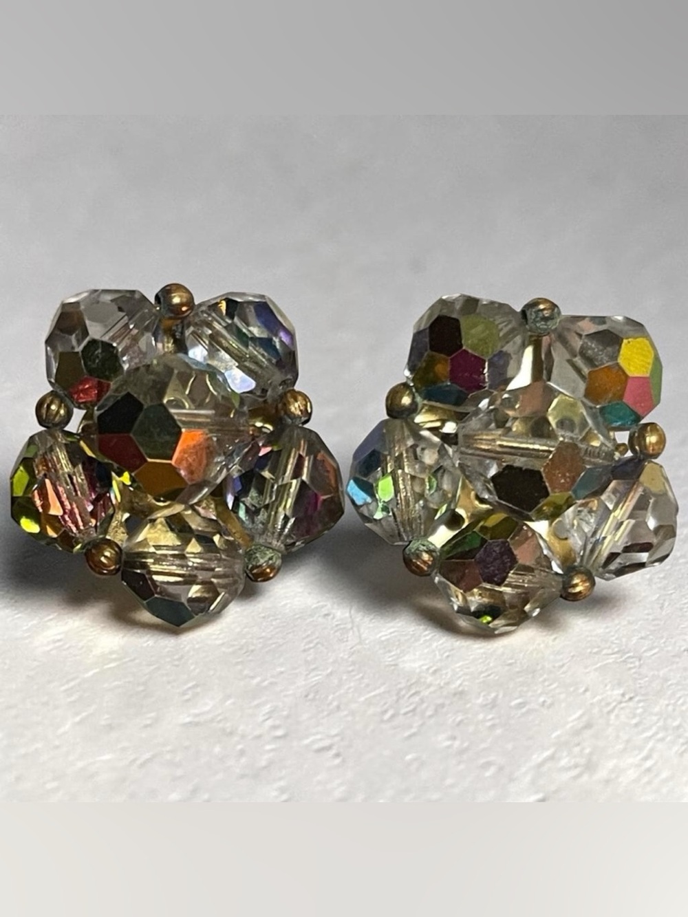 1950s Art Deco Aurora Borealis Faceted Crystal Starburst Clip-On Earrings